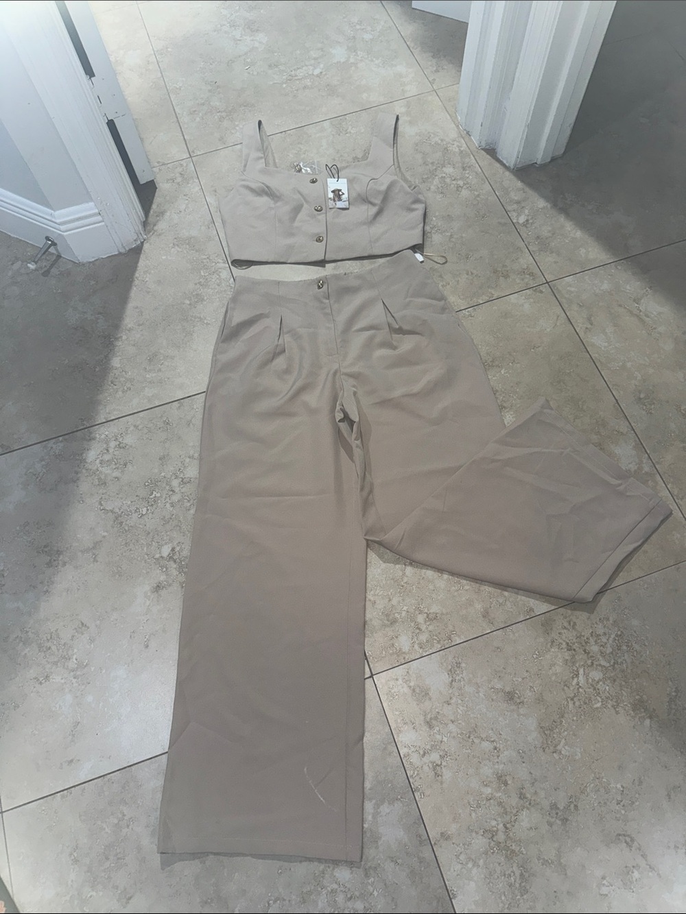 Sincerely Jules Taupe Crop Top & Wide-Leg Pants Set